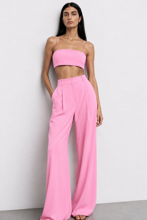 Voila Crop Bluz ve Palazzo Pantolon Set Pembe