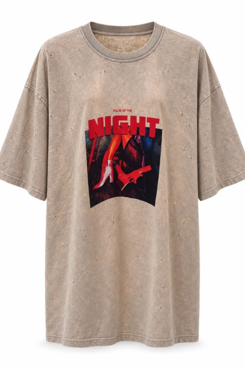 Night Oversize Yikamali Eskitmeli T-shirt/Elbise  Bej