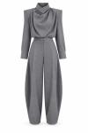 Mely Degaje Yakali Vatkali Bluz+Baggy Pantolonlu Set Gri