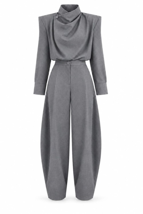 Mely Degaje Yakali Vatkali Bluz+Baggy Pantolonlu Set Gri