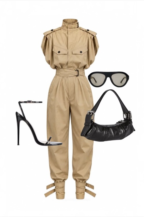 Oslo Özel Tasarim Tulum Gorunumlu Bluz+Pantolon Set Camel