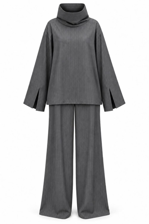 Boyunlu Bluz + Palazzo Pantolon 2 li Set Pisa Gri