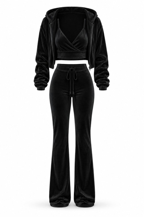 Velo Fransız Kadife Crop+Ceket+alt 3 lu Set Siyah