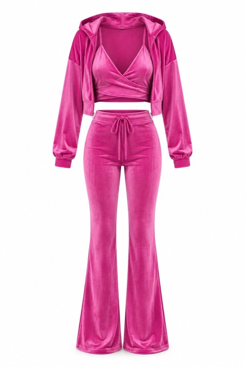 Velo Fransız Kadife Crop+Ceket+alt 3 lu Set Fuşya