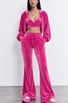 Velo Fransız Kadife Crop+Ceket+alt 3 lu Set Fuşya