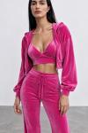 Velo Fransız Kadife Crop+Ceket+alt 3 lu Set Fuşya