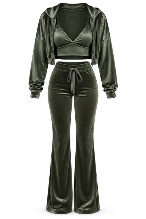 Velo Fransız Kadife Crop+Ceket+alt 3 lu Set Haki