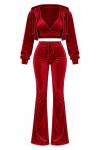 Velo Fransız Kadife Crop+Ceket+alt 3 lu Set Kırmızı