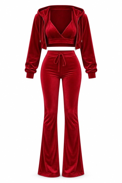 Velo Fransız Kadife Crop+Ceket+alt 3 lu Set Kırmızı