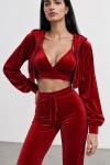 Velo Fransız Kadife Crop+Ceket+alt 3 lu Set Kırmızı