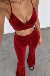 Velo Fransız Kadife Crop+Ceket+alt 3 lu Set Kırmızı