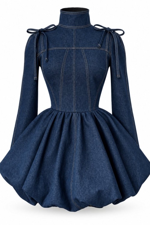 Mia Denim Balon Etekli Elbise Mavi