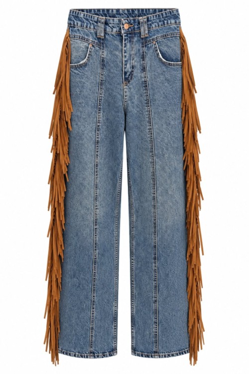 Dallas Yanlari Suet Puskullu Widely Denim Pantolon Mavi