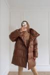 Yana Çıtçıtlı Deri Puffer Oversize Kaban Taba