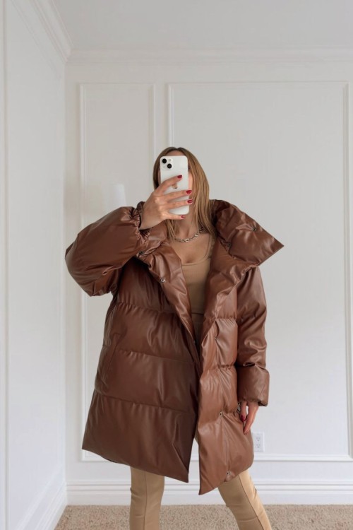 Yana Çıtçıtlı Deri Puffer Oversize Kaban Taba
