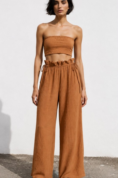 Kety Pantolon+Crop Rahat Kalıp Bohem Takım Kahverengi