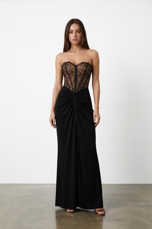 Nina Korse Detaylı Maxi Elbise  Siyah